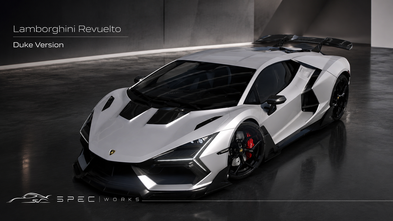 White Lamborghini Revuelto Duke Dynamic viewed from the front three-quarter angle.