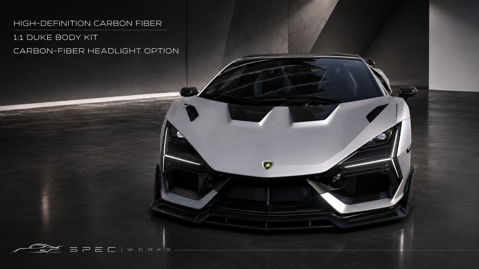 Silver modified Revuelto viewed directly from the front, highlighting the dark carbon-fibre bonnet details, front intakes, and light signature.
