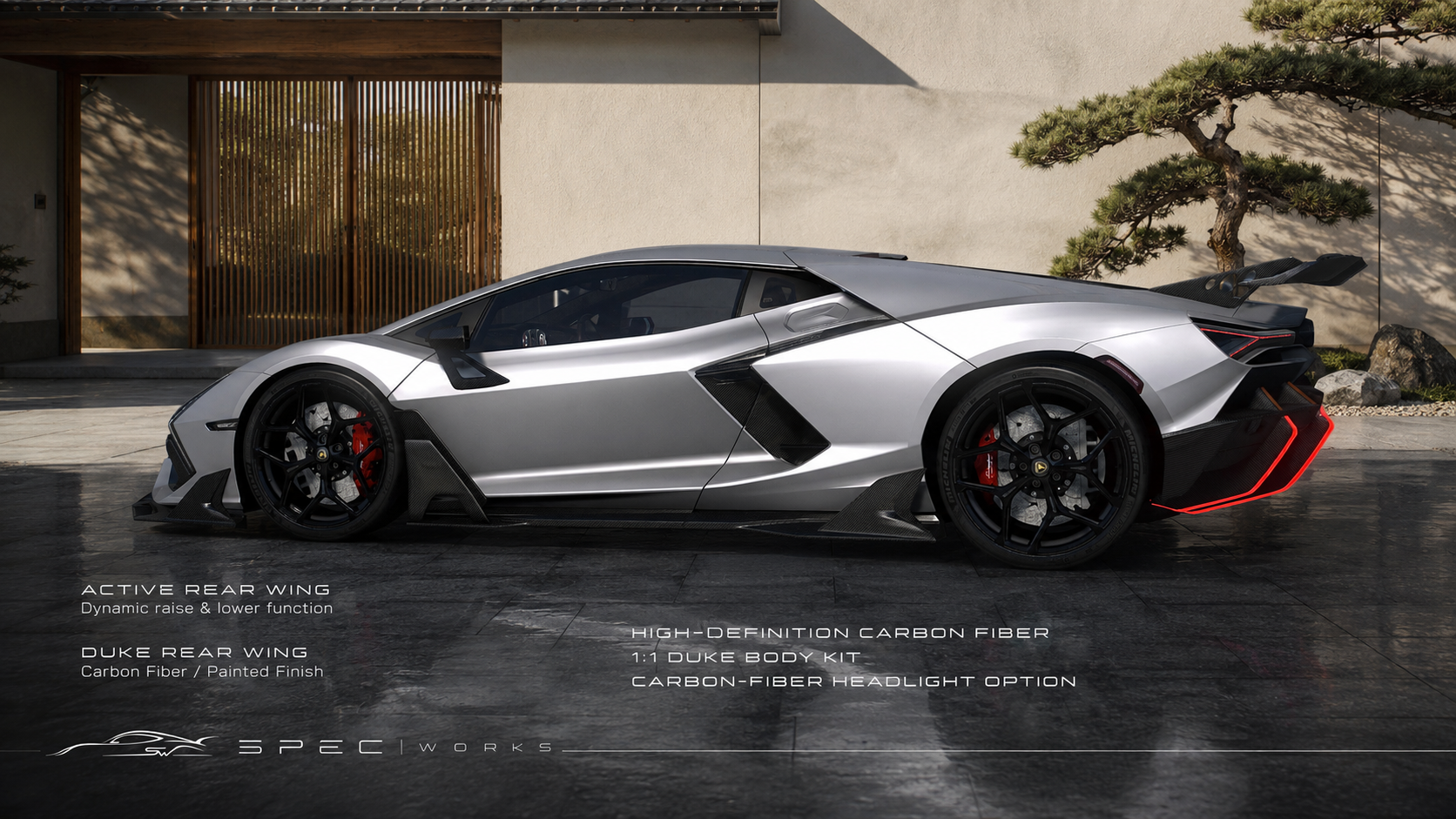 Silver modified Revuelto in side profile, showing the wheels, dark body details, and rear wing.