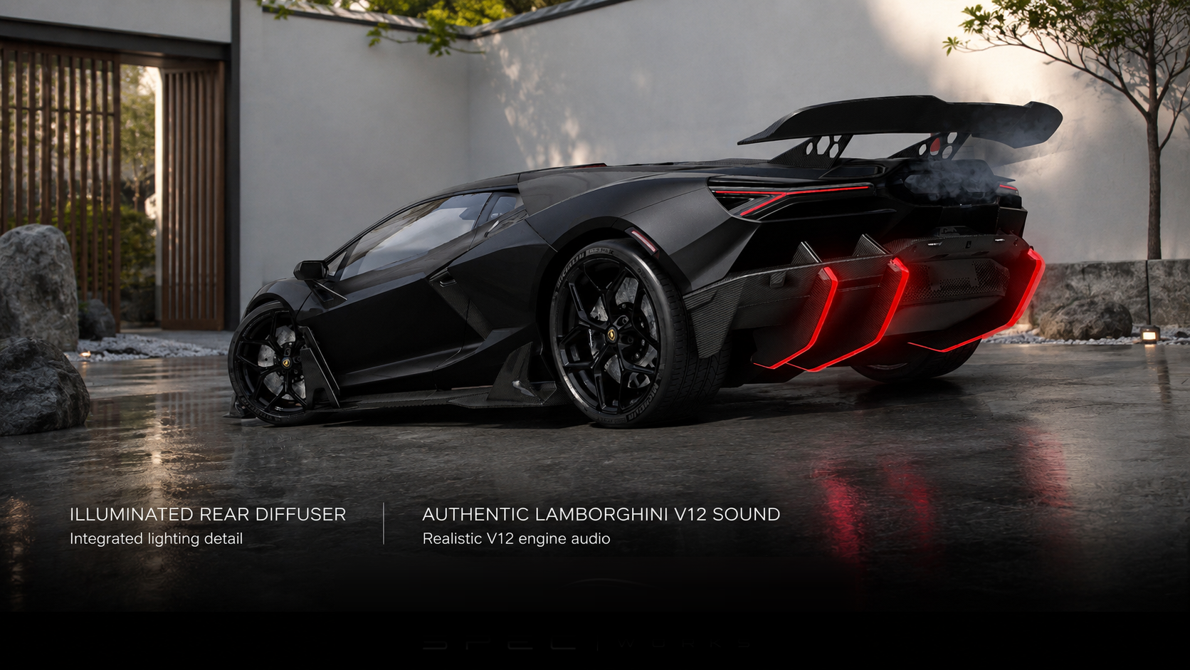 Black modified Revuelto from the rear, with the rear diffuser lighting visible.