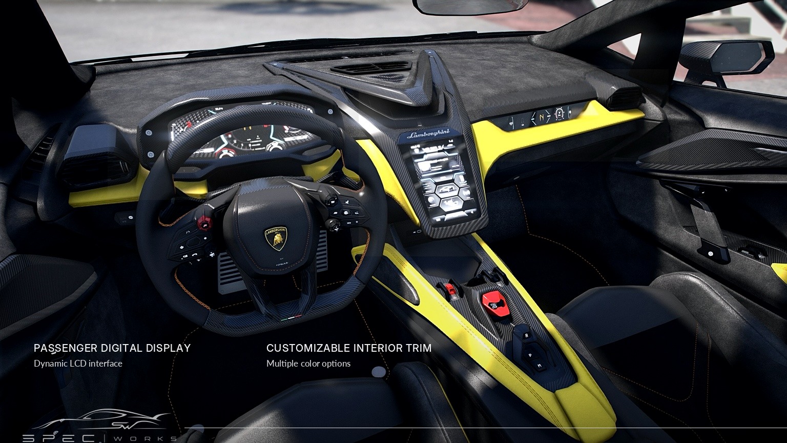 Cockpit of the modified Revuelto, showing the steering wheel, displays, centre console, and yellow trim.