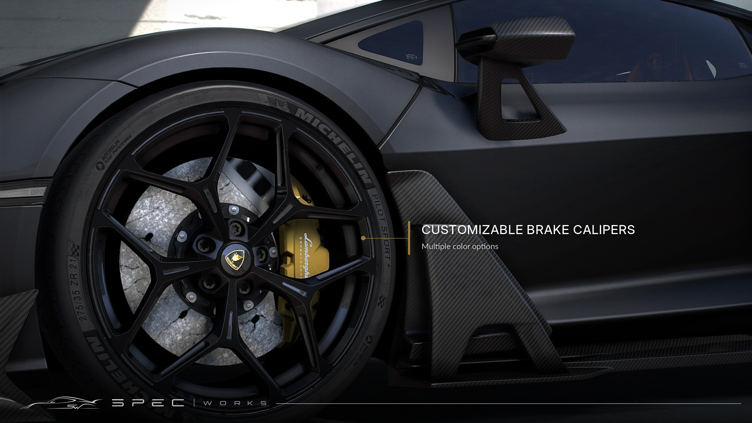 Close-up of a black front wheel, brake disc, yellow caliper, and dark aero detail.