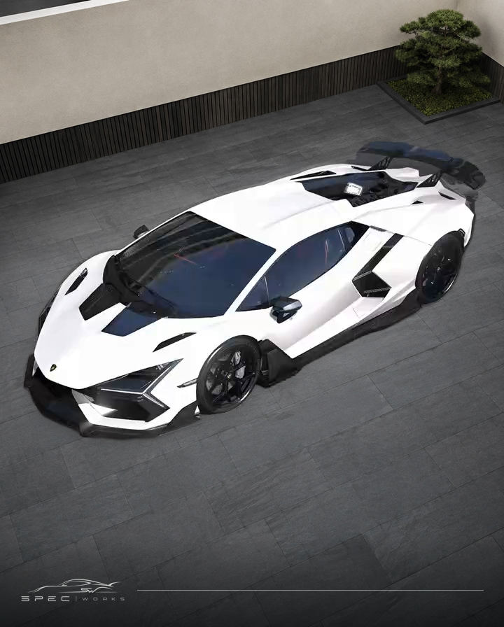Black modified Revuelto viewed from above with doors and body panels open.