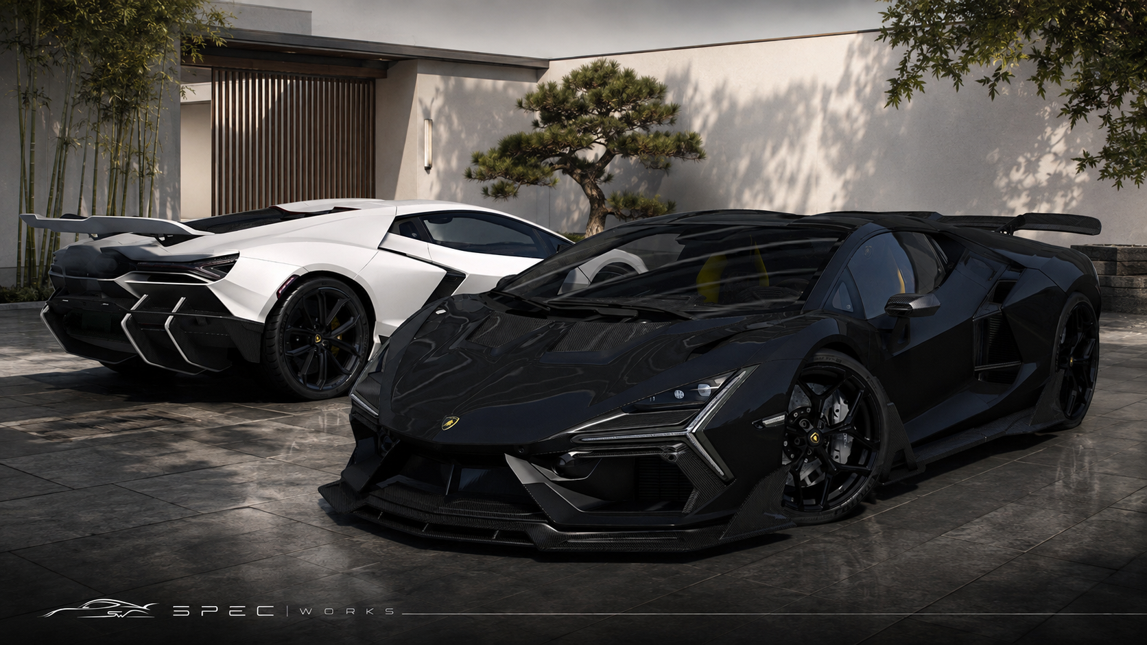 Black and white modified Revuelto builds displayed together in a courtyard.