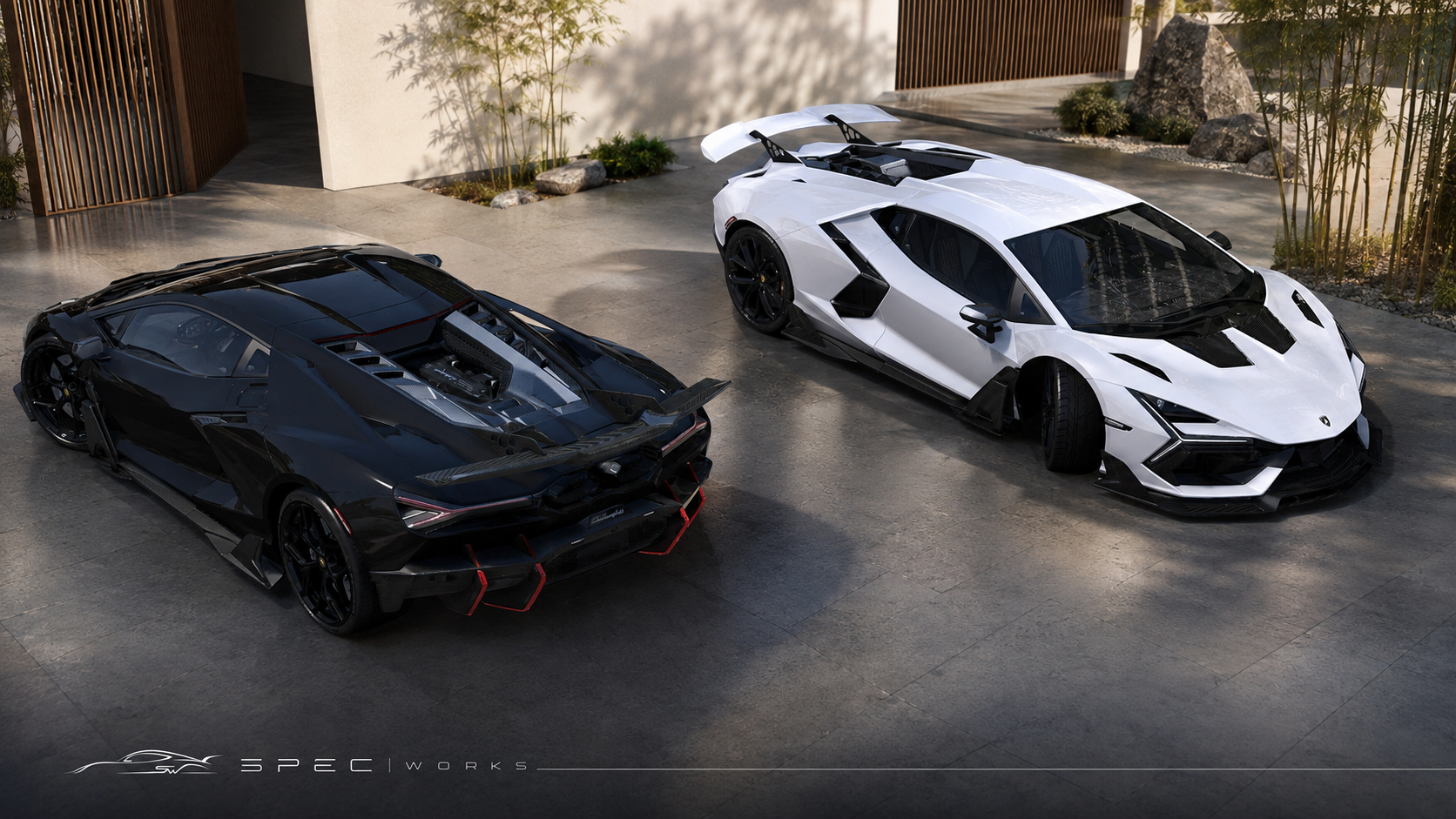 Black and white Lamborghini Revuelto Duke Dynamic specifications shown together from above.